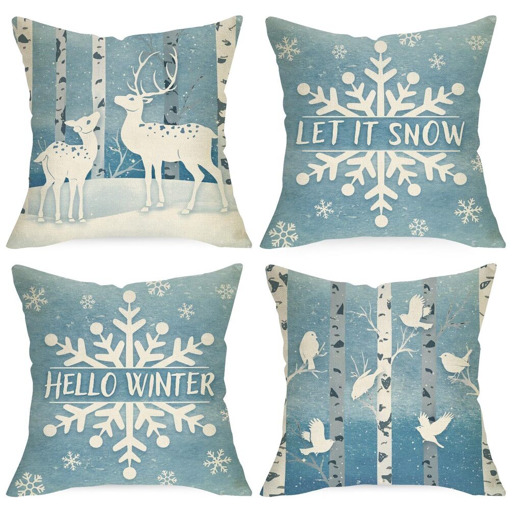 1384 Hello Winter Snowflake Decorative Throw Pillow Covers 18x18 Set of 4